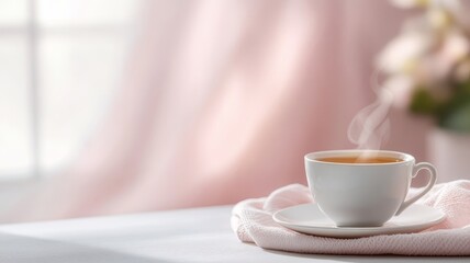 Detailed shot of a steaming cup of hot tea on a pale rose plate, with rich tea color and steam highlighting the delicate presentation.