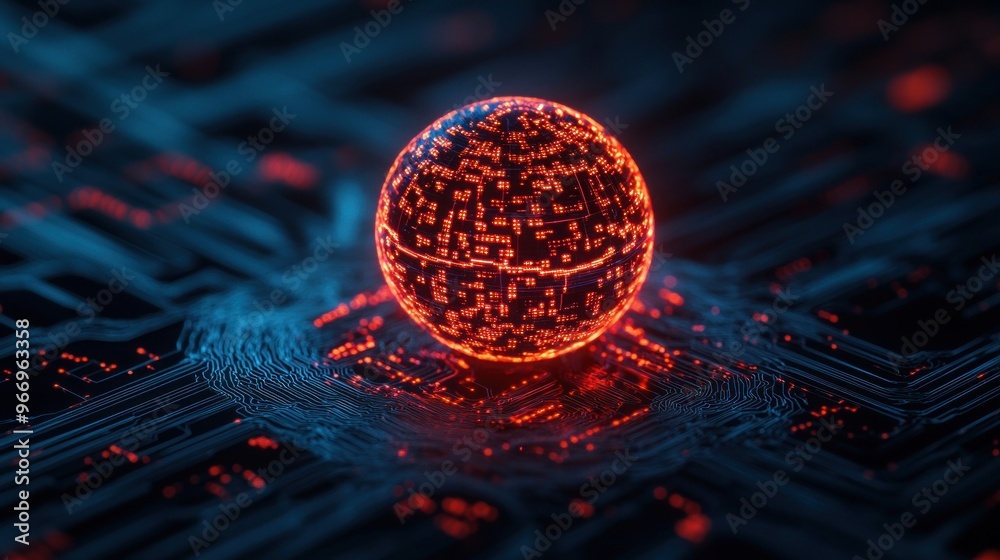 Poster glowing sphere on circuit board.