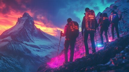 Fototapeta premium Silhouettes of Hikers on Mountain Peak with Neon Glow