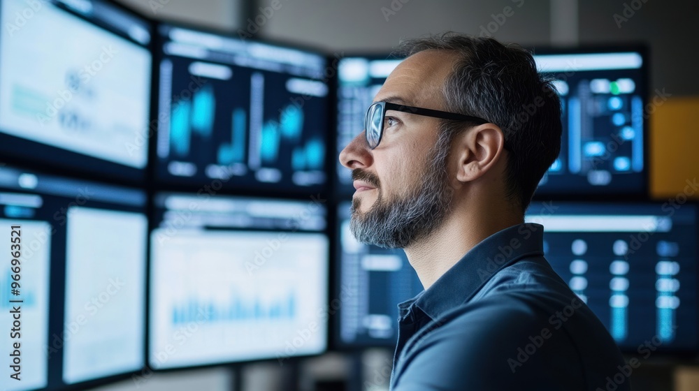 Leinwandbilder man looking at computer screens with data