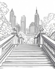 Line art illustration of a staircase at a popular tourist attraction during the pandemic featuring surrounding buildings in the background