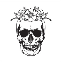 Skull Flowers Outline Clipart - Skull  With floral Vector Illustration in black and white 