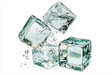 Obraz premium Four ice cubes fall through the air, surrounded by water droplets