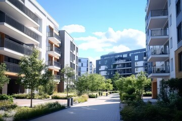 Daytime view of low-rise modern apartment complexes featuring innovative architectural designs in the city.