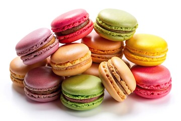 Sweet colorful macarons isolated on white background, high angle view