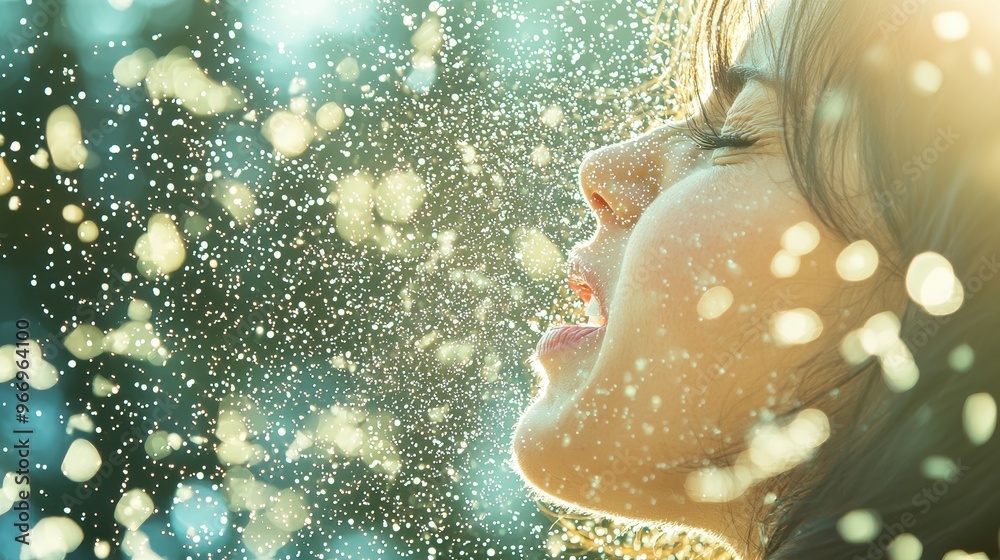 Poster Woman s Face with Water Droplets and Bokeh