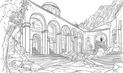 Line art illustration of an ancient monastery