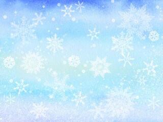 しんしんと降る雪の静かな風景。青色の水彩画を背景にした美しい背景イラスト。