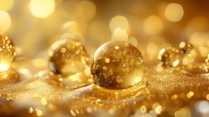 Close-up of golden droplets on a shimmering surface, creating a luxurious and elegant effect.