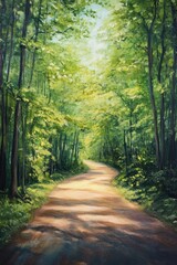 Fototapeta premium Oil painting depicting a forest viewpoint along a scenic road showcasing lush greenery and serene landscape