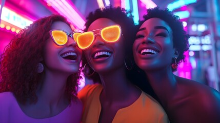 Fototapeta premium Smiling Women Neon Lights Nightlife Party