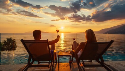 Obraz premium Savoring the Sunset: A Romantic Couple's Mediterranean Escape