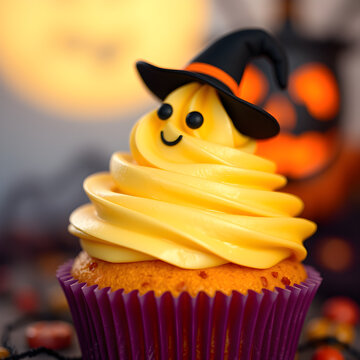 Un lindo panquecillo de halloween que parece un fantasma con un tierno sombrero de brujita