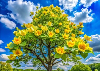 A vibrant yellow-green blooming tulip poplar tree, its leaves and flowers bursting forth amidst a backdrop of lush green foliage and soft blue sky clouds.