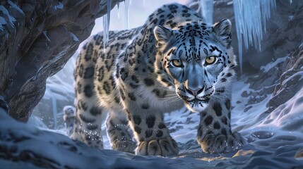 snow leopard prowls through a frozen landscape, its piercing eyes scanning the surroundings. This close-up captures the power and beauty of this elusive big cat in its natural habitat.
