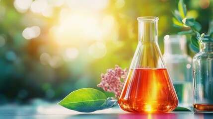 Natural Essential Oil in Glass Flask with Flowers and Leaves.