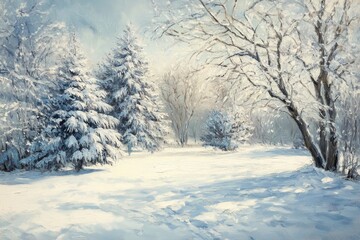 Obraz premium Oil painting depicting a stunning winter scene with snow laden trees and a serene snowy landscape