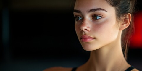 Fototapeta premium A portrait of a focused young woman in athletic wear. Highlighting determination and strength, this image captures a moment of intense concentration. Ideal for fitness and wellness themes. AI