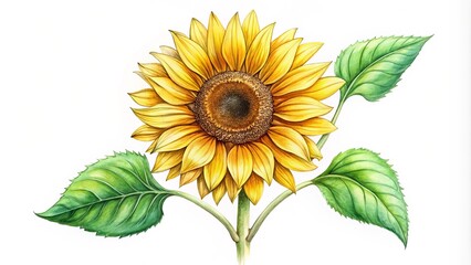 Naklejka premium Vibrant sunflower blooms surrounded by emerald green leaves and sturdy stem, its bright yellow petals shining like rays