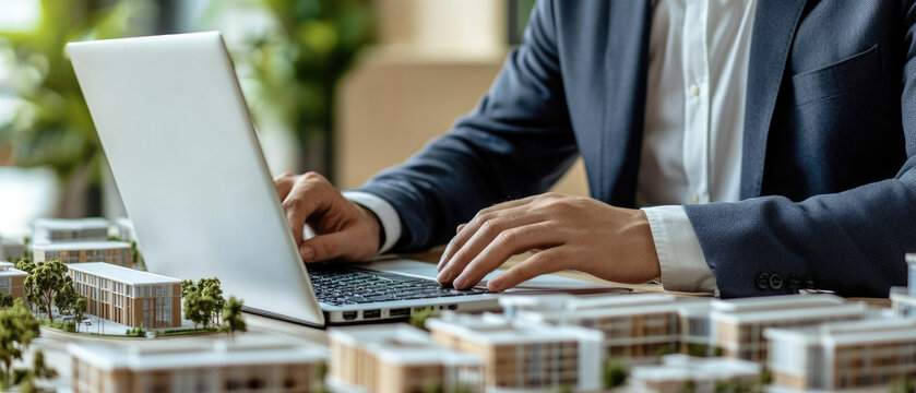 Businessman working on a laptop in an office surrounded by building models, showcasing the essence of property management and housing development.
