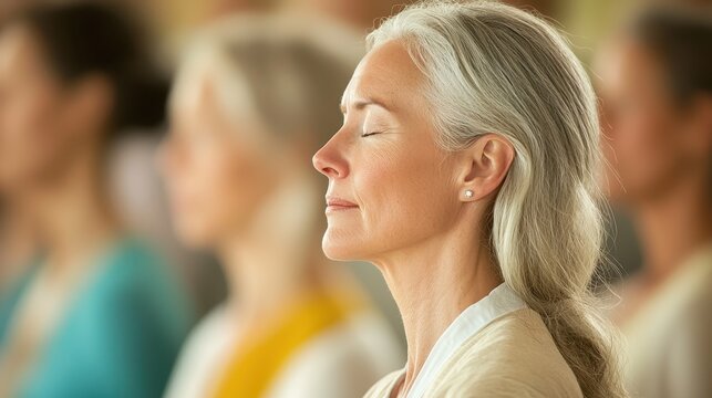 Woman with gray hair meditating in a group