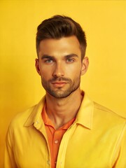 Attractive male model with facial hair wearing an orange shirt and yellow jacket, on a plain yellow background, portrait