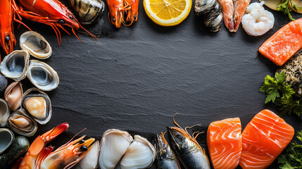 An assortment of fresh seafood, including shrimp, salmon, and shellfish, arranged around a slate board for an elegant display.