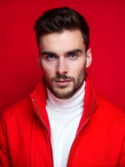 Obraz premium Attractive male model with facial hair, wearing a white turtleneck and red shirt on a plain red background, portrait