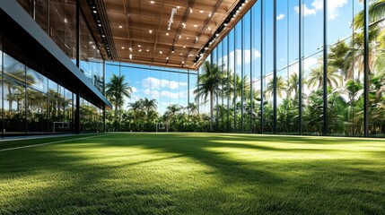 Naklejka premium Indoor Soccer Field with Palm Tree View.