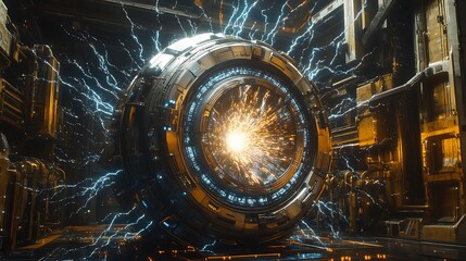 A detailed shot of a massive chronosphere generator in an underground facility, its core pulsating with energy as sparks of electricity arc around it, hinting at its immense power to manipulate 