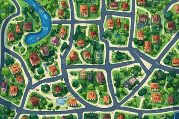 Obraz premium High resolution 2D cartoon style city map illustration featuring boundaries and editable paths showcasing main roads side roads and watercourses in a clear design