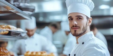 A talented young chef stands confidently in a busy kitchen. He showcases his passion for culinary arts. The atmosphere is vibrant and bustling, perfect for food enthusiasts. AI