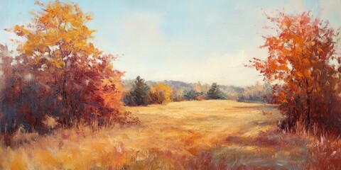 Fototapeta premium Oil painting depicting an autumn landscape with a soft focus background showcasing the vibrant colors of the season