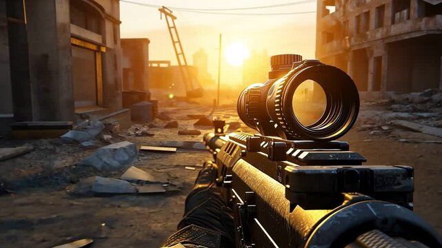First-person shooter perspective, enemy in crosshair, post-apocalyptic city, dark and moody