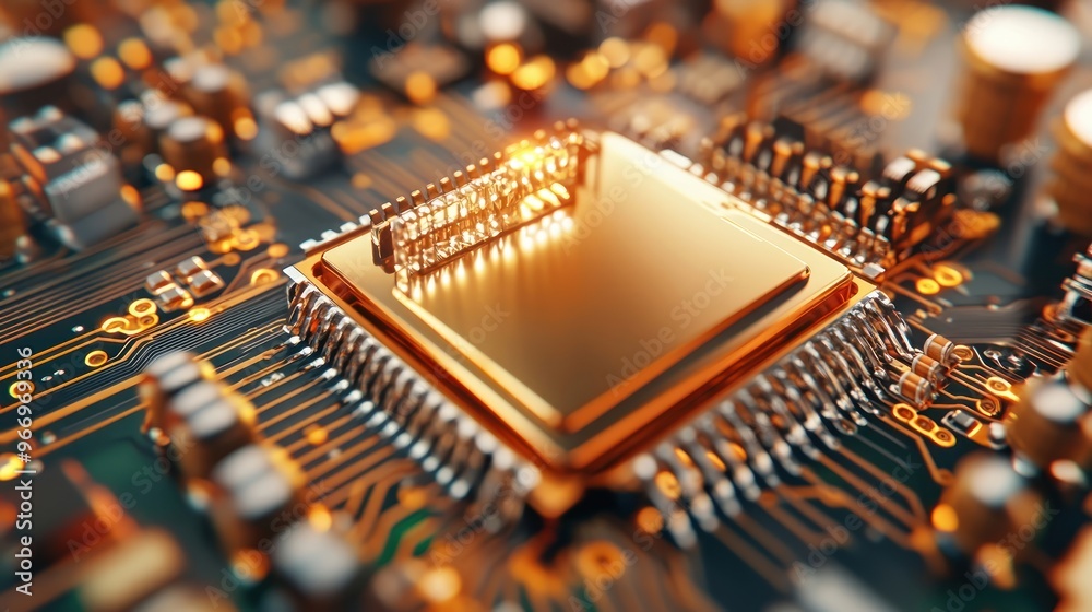 Aufkleber golden microchip on circuit board.