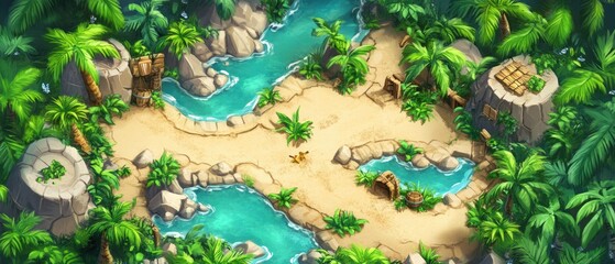 Cartoon style treasure map featuring a jungle adventure theme
