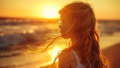 Fototapeta premium Sunkissed Splendor: A Young Girl's Blissful Beach Adventure at Sunset
