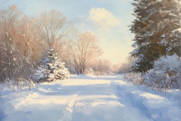 Obraz premium Oil painting depicting a snowy landscape captured during a morning walk in search of winter s beauty and serenity
