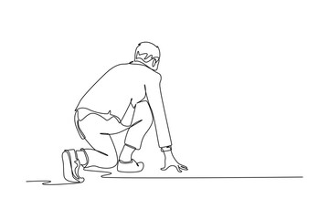 Continuous one line drawing back view of businessman or office worker get ready to sprint run on running track. Business race competition and challenge. Single line design vector graphic illustration
