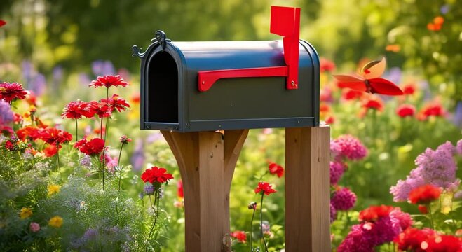 The mailbox in the beautiful and charming flower garden is very pleasing to the eye