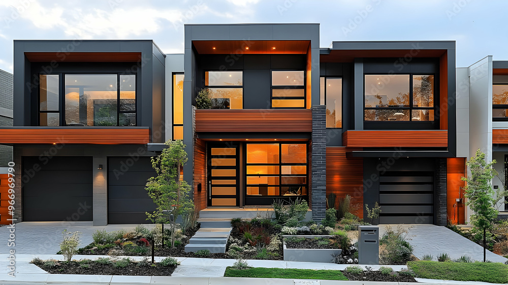 Wall mural Modern house exterior featuring sleek design and landscaped front yard.