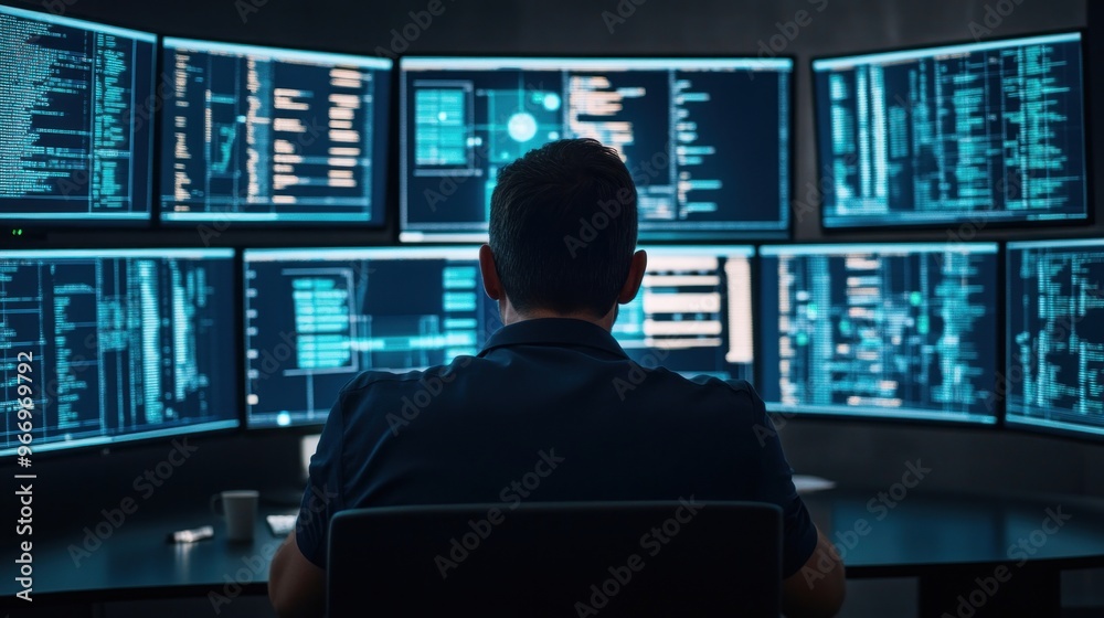 Aufkleber cybersecurity specialist working on multiple monitors.