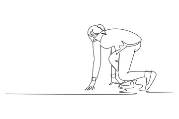 Continuous one line drawing back view of female company employee get ready on start line to do sprint race. Business running competition concept. Single line draw design vector graphic illustration
