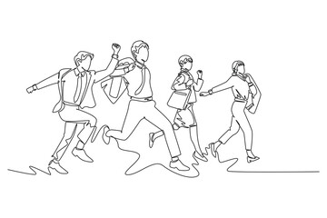 Continuous one line drawing group of business people or commuter workers running fast to get to the office on time. Urban employee in rush concept. Single line draw design vector graphic illustration