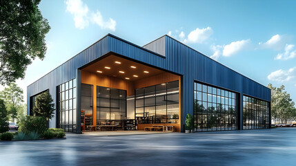Obraz premium Modern industrial building with large glass windows and a spacious interior.