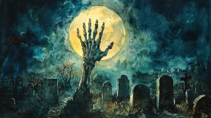Sinister watercolor of a skeletal zombie hand reaching out from a graveyard, illuminated by a ghostly moonlight on a spooky night