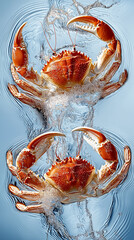 Two crabs caught in a splash of water, their vibrant orange shells contrasting against the dynamic movement of the liquid.