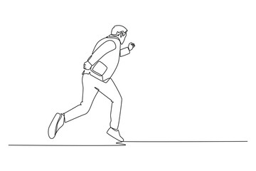 Continuous one line drawing back view businessman running fast to chase goal growth target. Success business manager on race competition challenge. Single line draw design vector graphic illustration