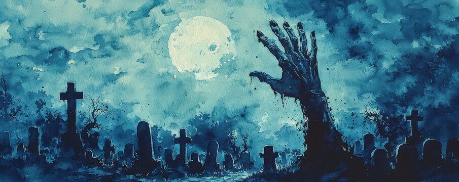 Haunting watercolor illustration of a zombie hand breaking through a graveyard at night, with a spooky and eerie ambiance