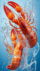 lobsters captured in a dynamic splash of water, showcasing their bright orange shells and intricate textures.